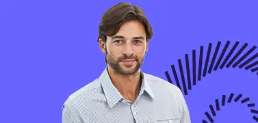 A young man in an office attire on a blue gradient background.