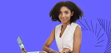 A lady holding a laptop on a blue gradient background.