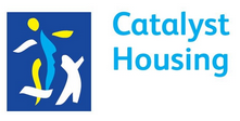 Logo of Catalyst Housing with abstract figures on a blue background.