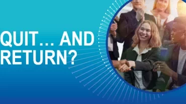 Mavi fonda bir grup insan el sıkışıyor. Metin: Quit... and return?