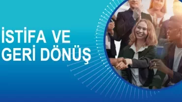 İstifa ve geri dönüş yazılı afiş, tokalaşan iş arkadaşları.