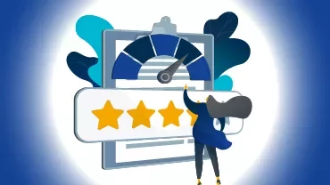 Woman in front of a dashboard with a speedometer and stars.