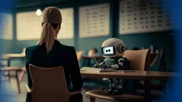 Bir kadın masada oturan robotla görüşüyor.