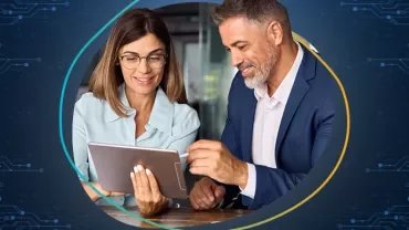 Two people using a tablet, digital background