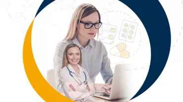 Woman working on a laptop with a doctor illustration.