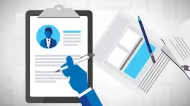 Illustration of a hand holding a pen with a resume on a clipboard