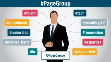 Person in suit with hashtags: talent, tech, recruitment, expertise, job_market around them.