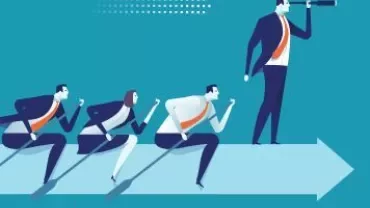 Illustration of a leader with a telescope followed by three people.