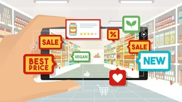 A store with virtual shopping tags on a phone screen, showcasing sales and new products.