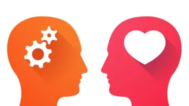 Two silhouettes with gears and heart symbols.