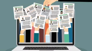 Illustration of resumes being pulled from a laptop screen.
