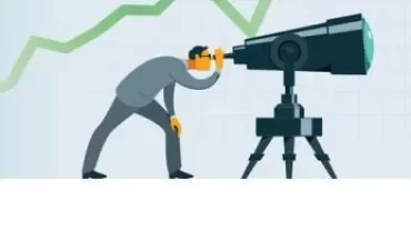Person looking through a telescope at an upward trend graph.