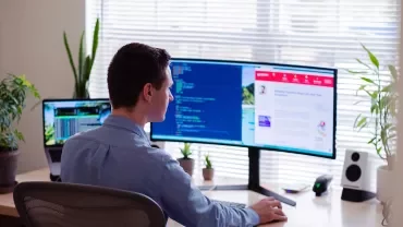 Person coding and browsing on dual monitors in an office.