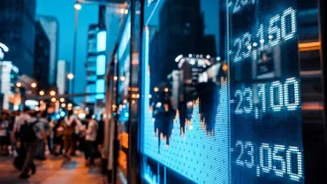 Gece şehirde bir borsa ekranı ve bulanık sokak manzarası.