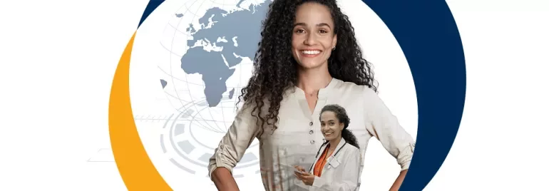 Smiling woman with a pen in front of a world map.