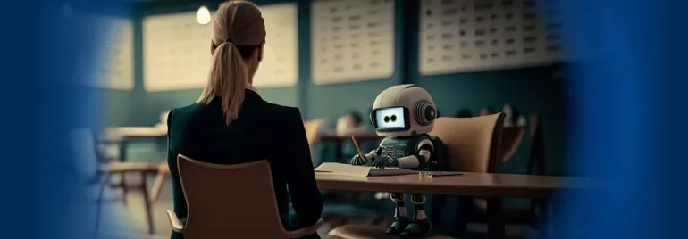 Bir kadın masada oturan robotla görüşüyor.
