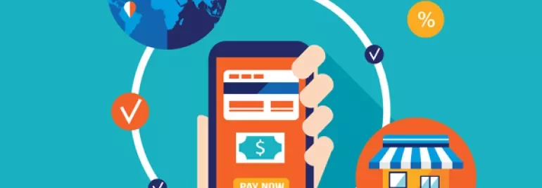 Mobil ödeme uygulamasını tutan el, online alışveriş simgeleri.