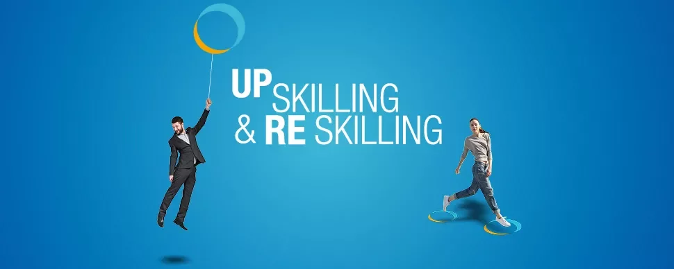 Bir kişi balonla yükseliyor, diğeri üzerinde duruyor. 'Up skilling & re skilling' yazısı var.