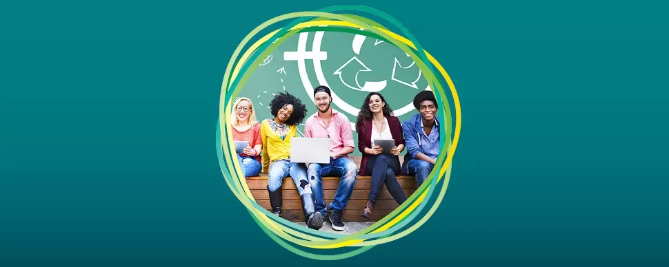 Five young people sitting with laptops in front of a recycle symbol.