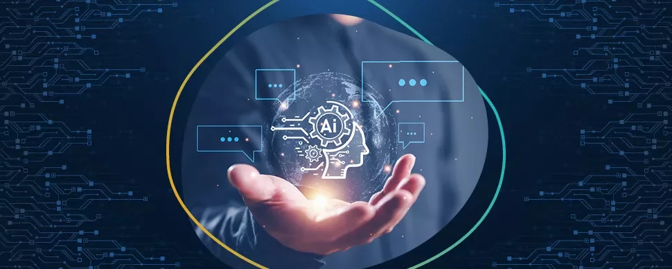 Avuçta tutulan yapay zeka sembolleri içeren bir hologram.