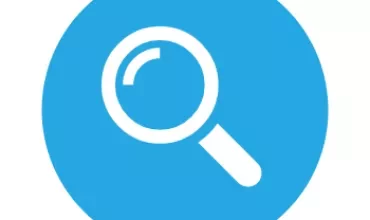 White magnifying glass icon on a blue circular background