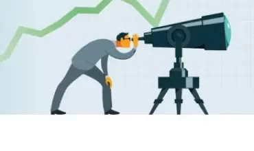 Person looking through a telescope at an upward trend graph.
