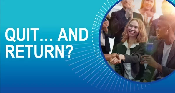 Mavi fonda bir grup insan el sıkışıyor. Metin: Quit... and return?