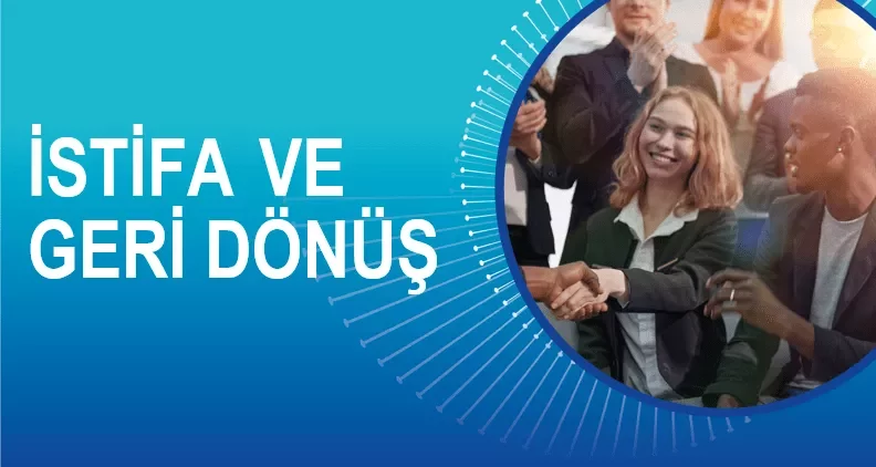 İstifa ve geri dönüş yazılı afiş, tokalaşan iş arkadaşları.