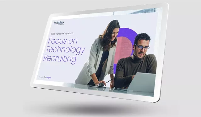 Tablet screen displaying a presentation on technology recruiting.