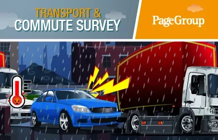 Blue car and truck in rainy traffic.