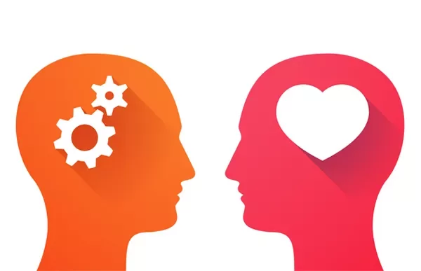 Two silhouettes with gears and heart symbols.