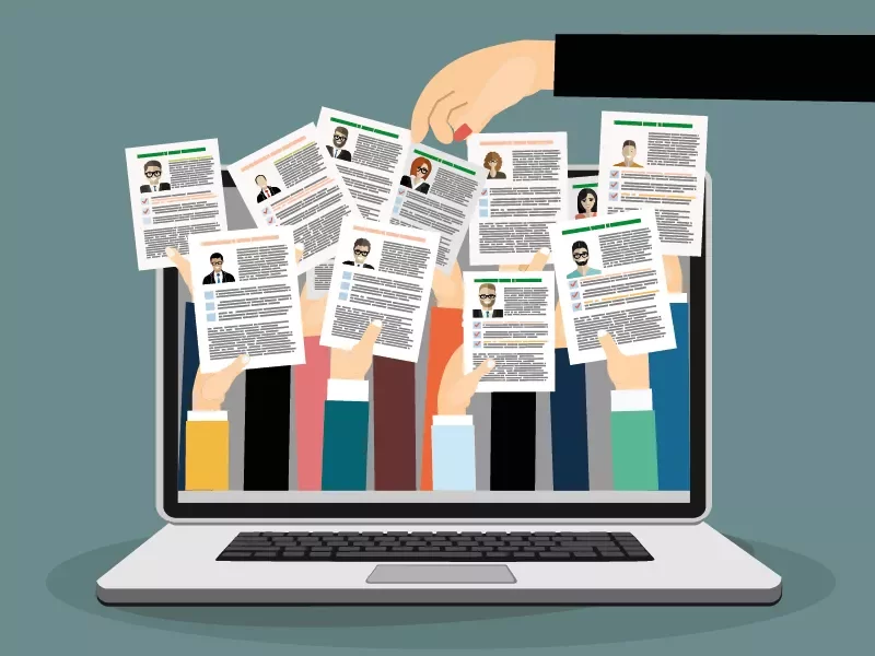 Illustration of resumes being pulled from a laptop screen.