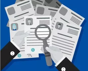 Illustration of a person reviewing resumes with a magnifying glass.