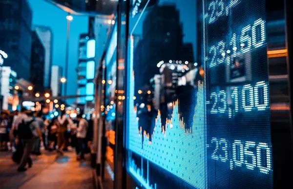 Gece şehirde bir borsa ekranı ve bulanık sokak manzarası.